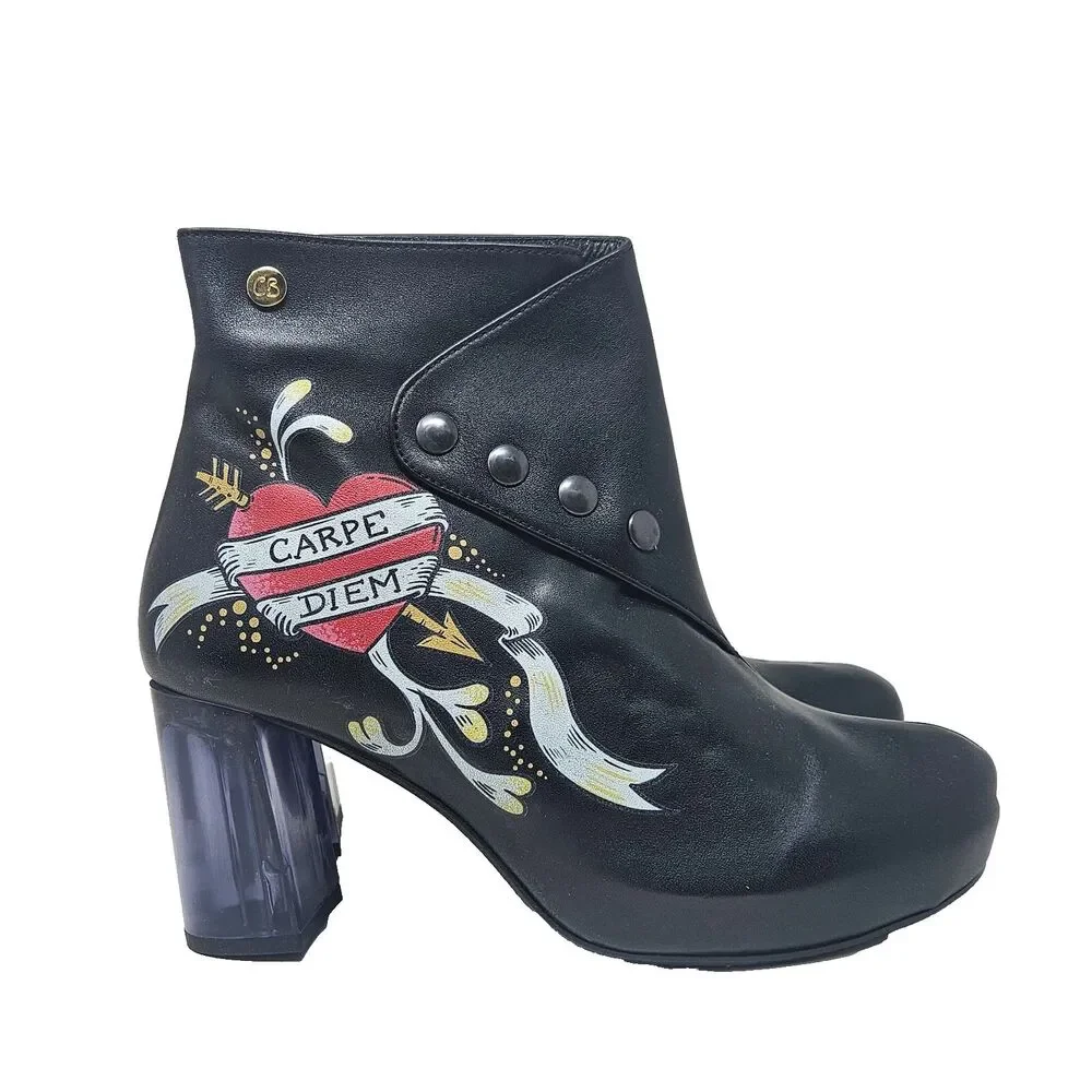 CHANII B Ankle Boot Carpe Diem Black Tattoo 41 Leather Limited Edition Glam Rock